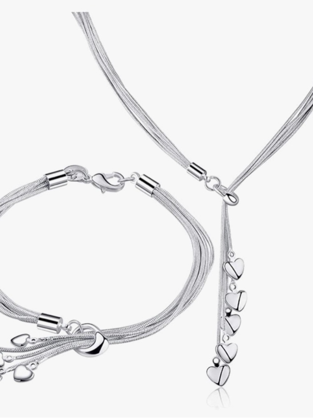 Sterling Silver Multi-Strand Heart Lariat Necklace and Bracelet Set